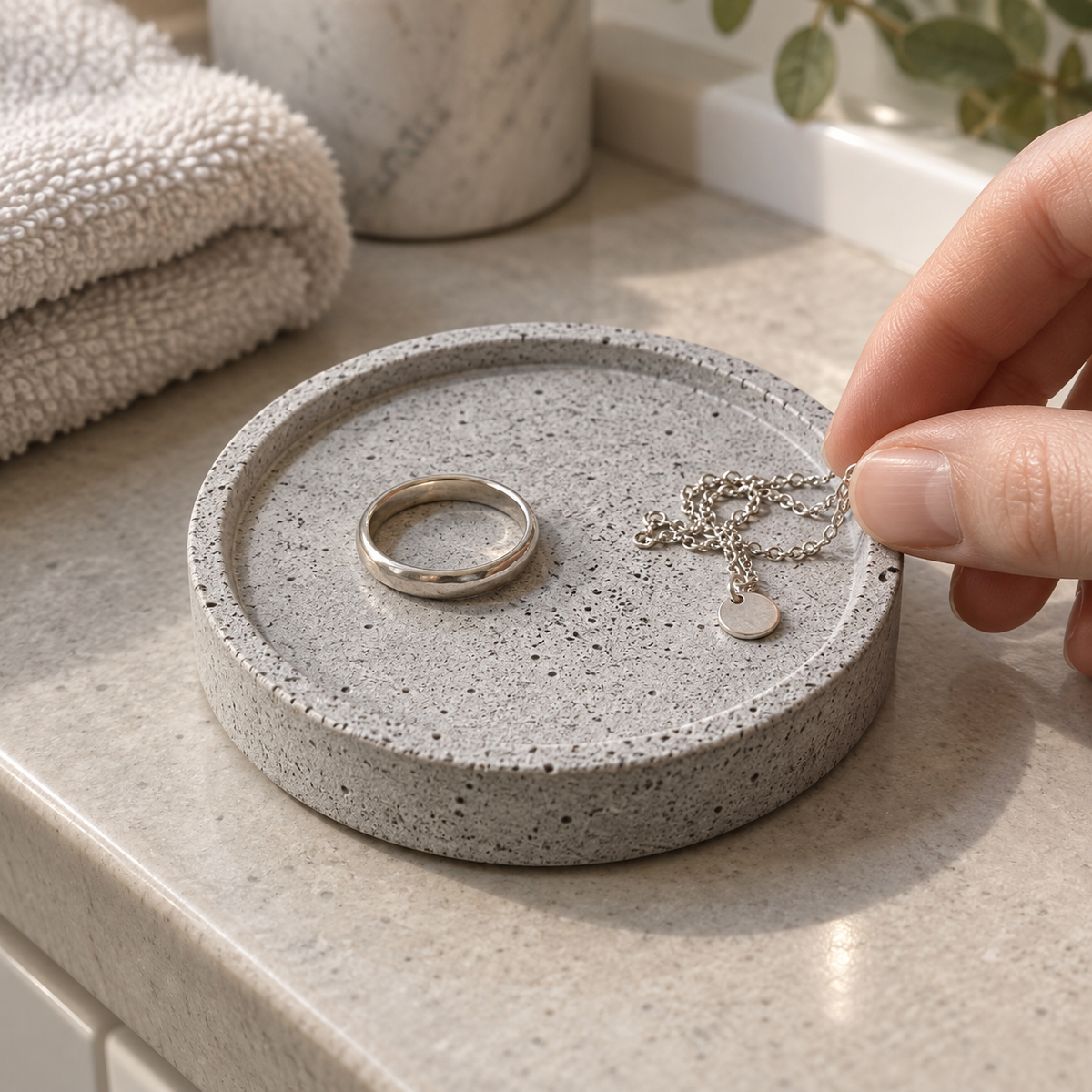 Small round concrete coaster – natural concrete – shown in use