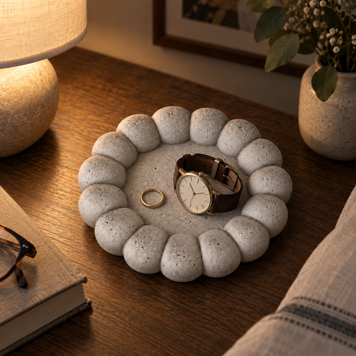 Large Bubble concrete coaster – natural finish – shown in use