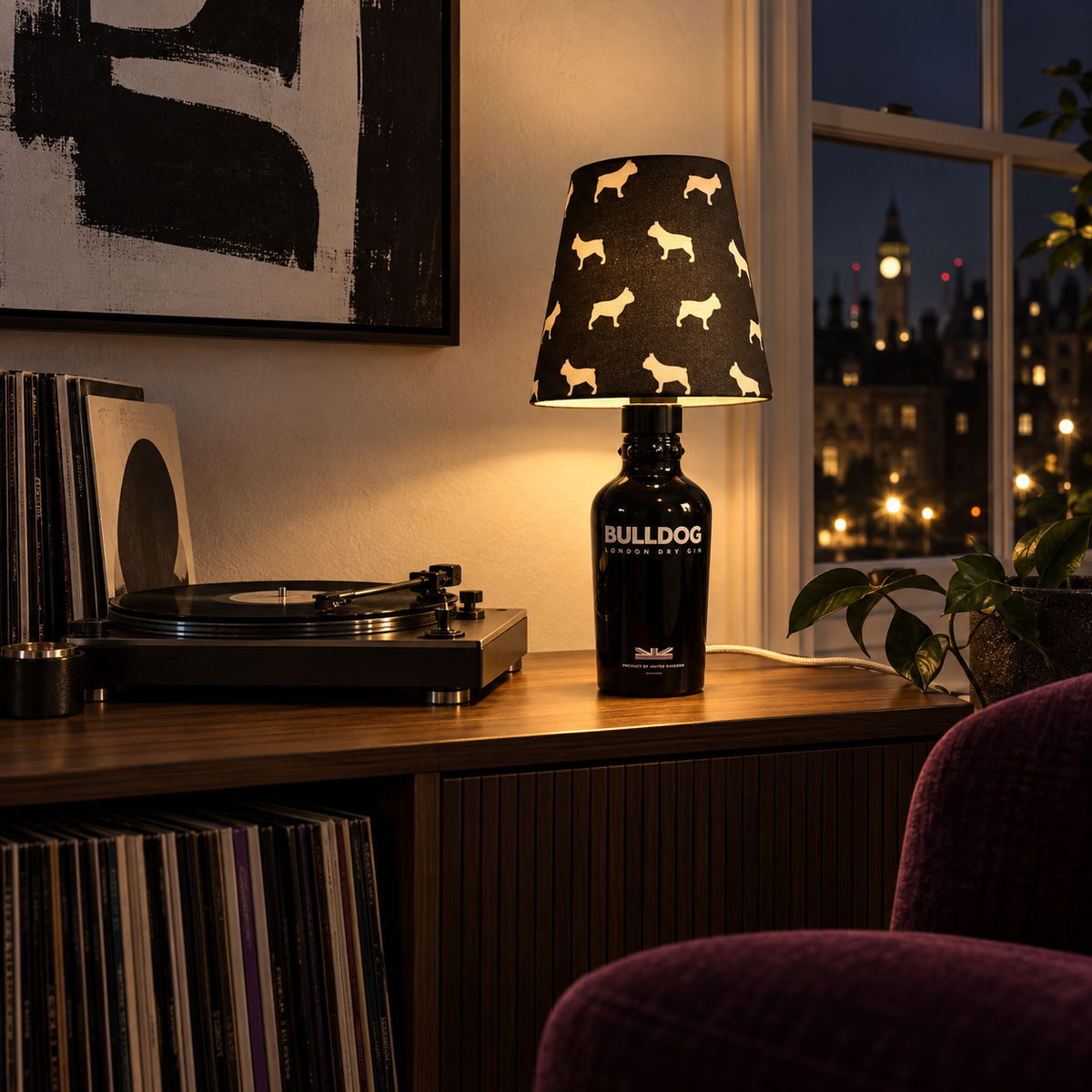 Bulldog bottle lamp switched on in a private London music room at night