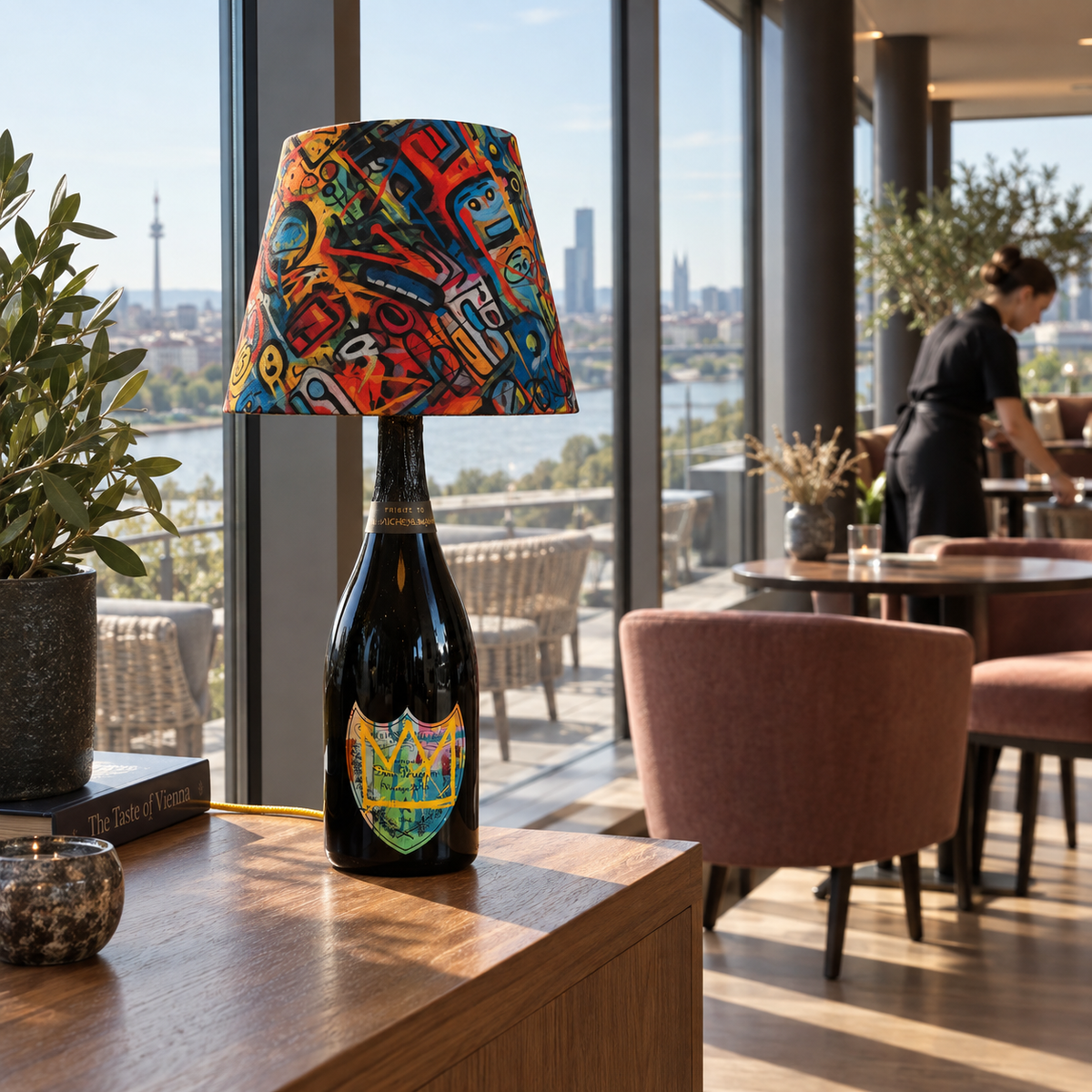 Yellow Basquiat bottle lamp in a glass rooftop lounge by day.