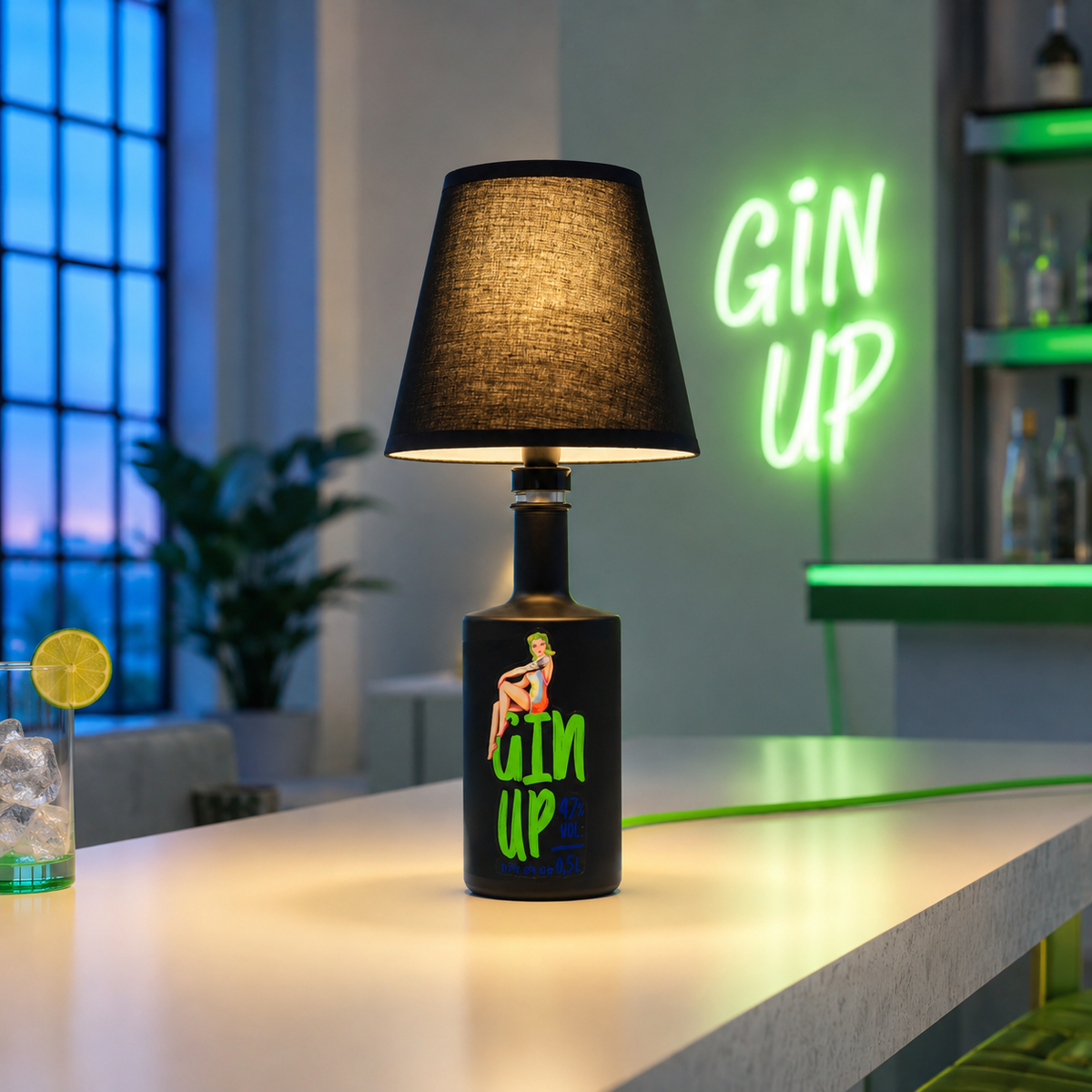 Flaschenlampen – Flaschenlampe Gin Up Green 002
