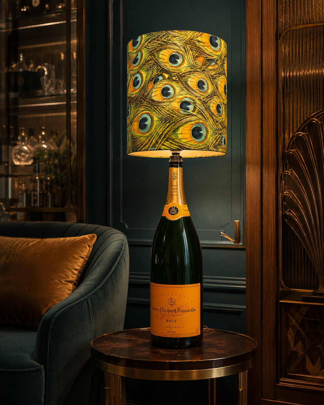 Bottle lamps – Veuve Clicquot 3 L peacock feather bottle lamp 003