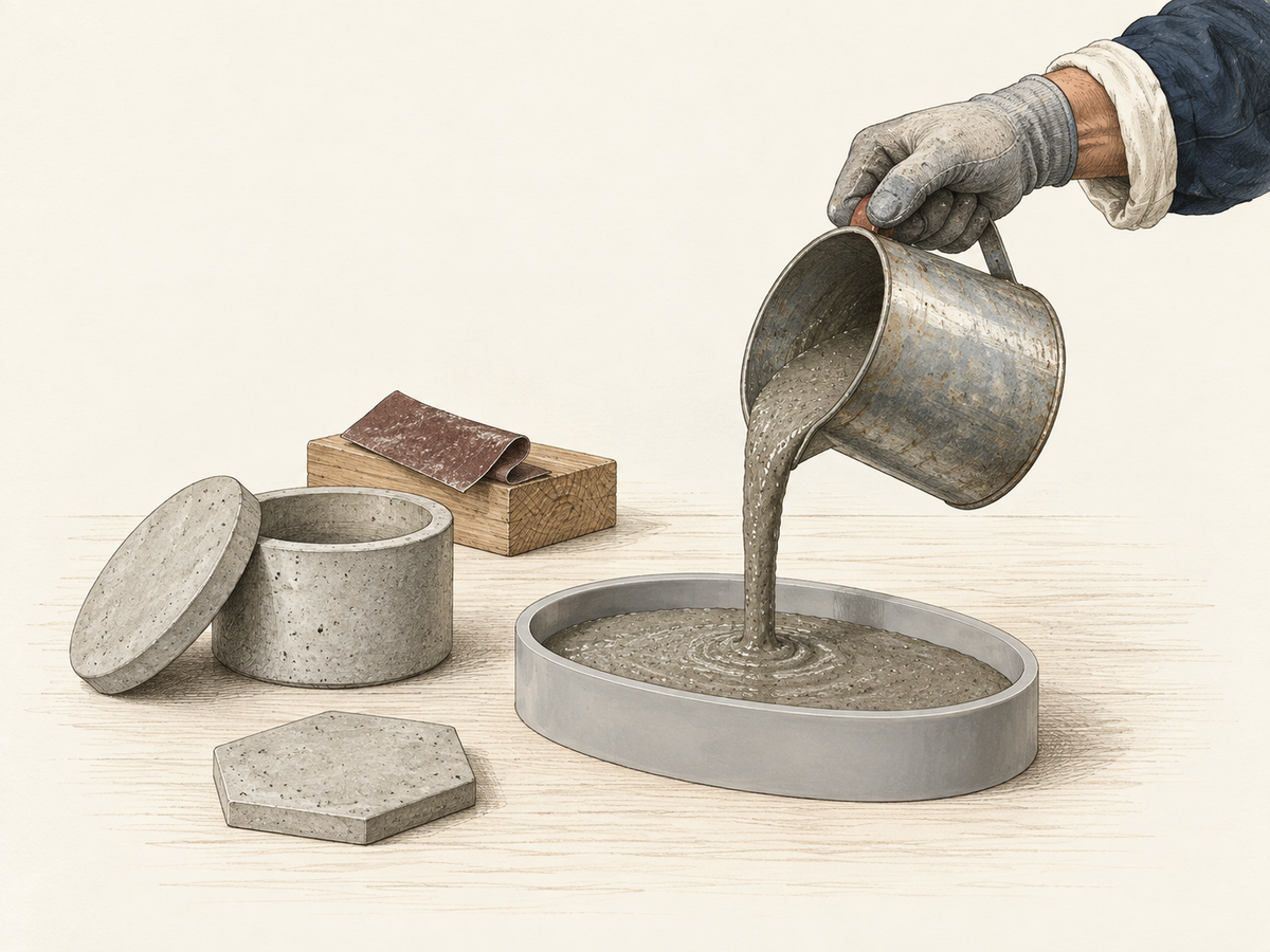 Concrete is poured by hand into a mould for Designeria home accessories