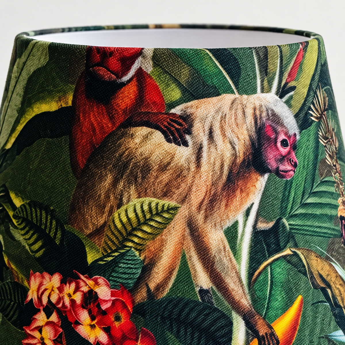 Small lampshade – Monkeys in the Jungle – close-up of fabric print, cotton texture, and edge finish