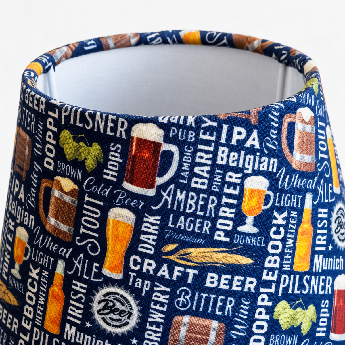 Small lampshade – craft beer – close-up of fabric print, cotton texture, and edge finish