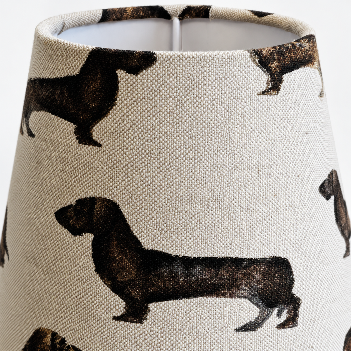 Small lampshade – dachshunds – close-up of fabric print, cotton texture, and edge finish