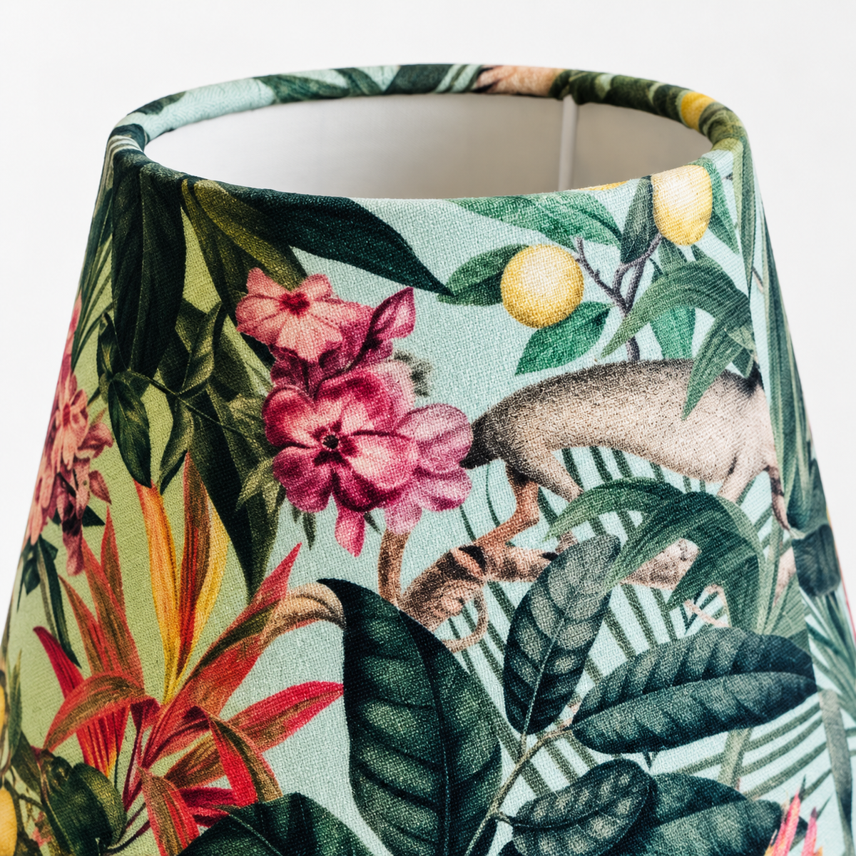 Small lampshade – Mint Tropical Garden – close-up of fabric print, cotton texture, and edge finish