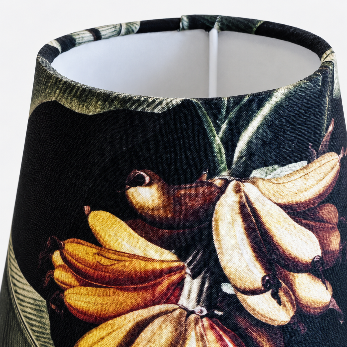 Small lampshade – tropical fruit – close-up of fabric print, cotton texture, and edge finish