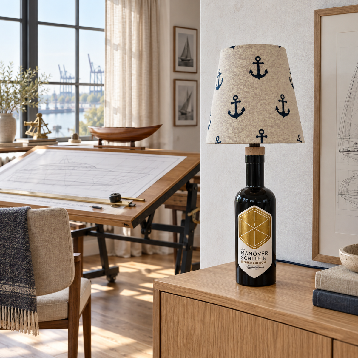 Manöverschluck Eigner Edition I bottle lamp switched off in a Hamburg yacht-design studio by day