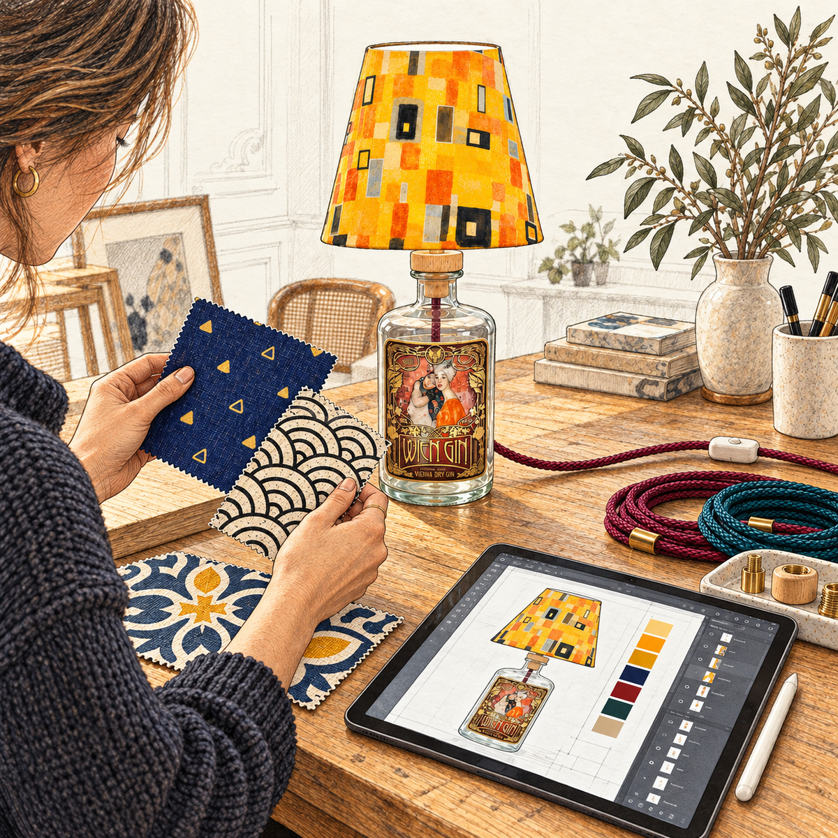 Illustrierte Personalisierung der Wien Gin Klimt Flaschenlampe mit Stoffmustern und iPad