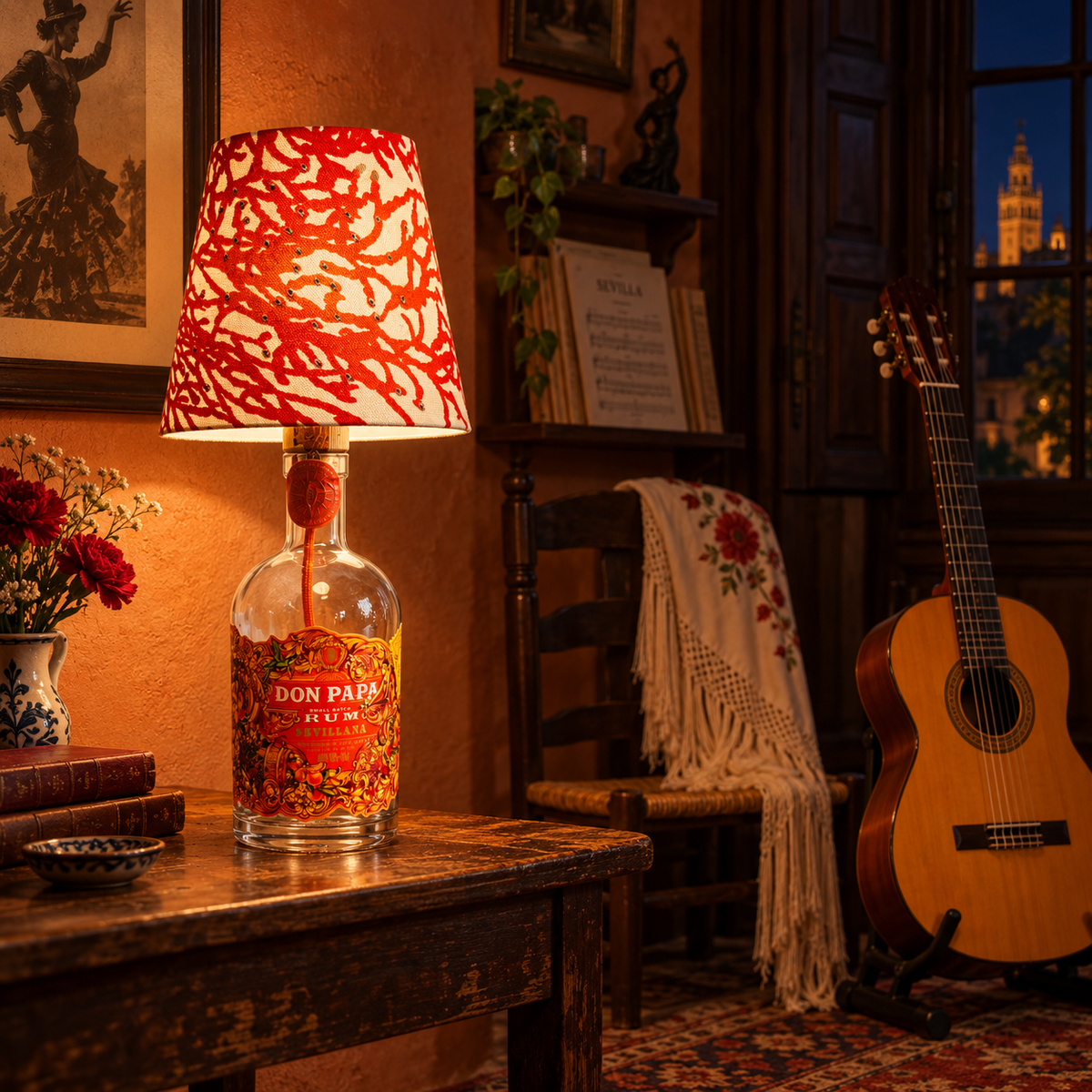Don Papa Sevillana bottle lamp switched on in a flamenco music room at night