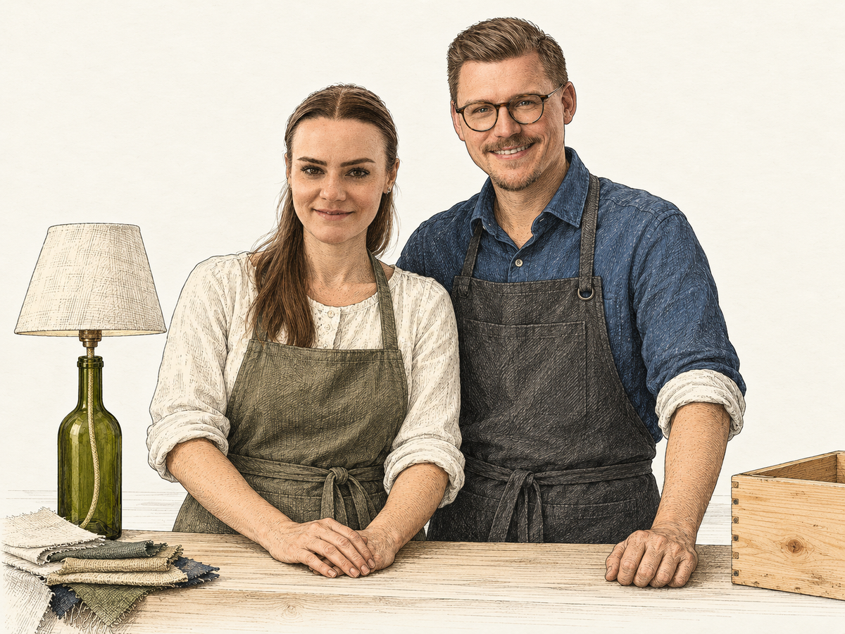 Theresa und Daniel an der Werkbank – kolorierte Illustration im Stil um 1900