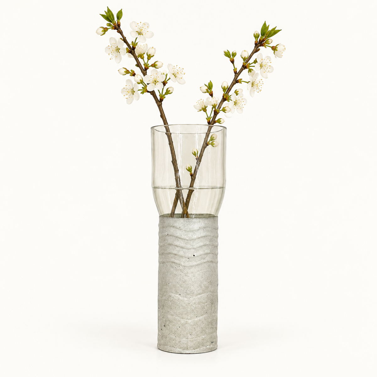 Glass-and-concrete vase – clear, tall wavy base, with floral arrangement – decor not included