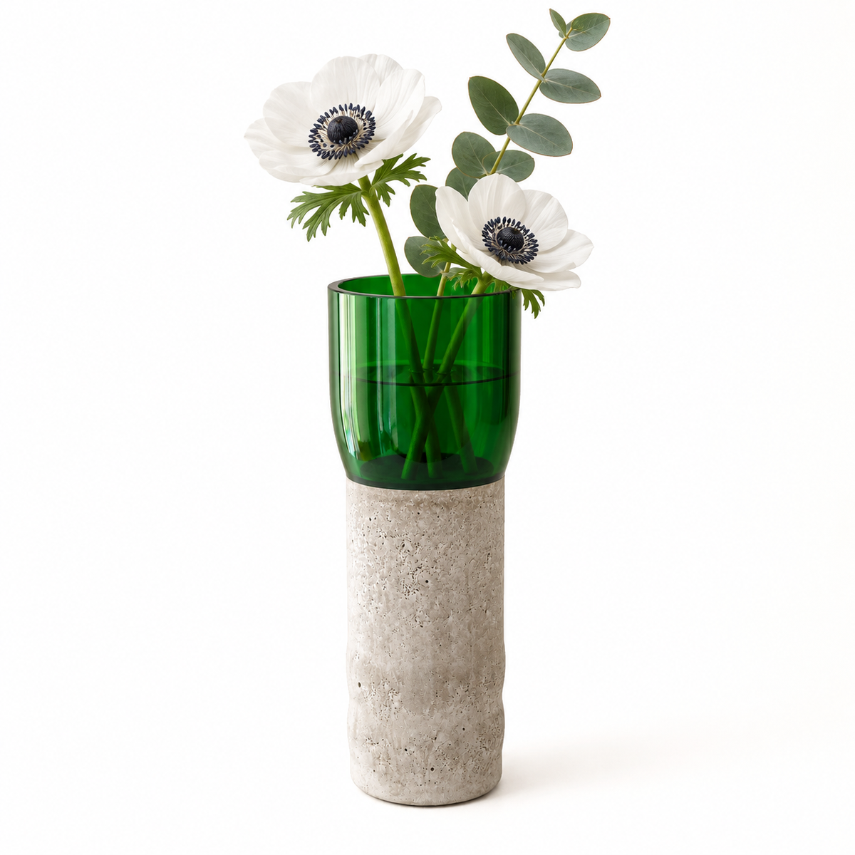 Glass-and-concrete vase – green, rounded cylinder with floral arrangement – decor not included