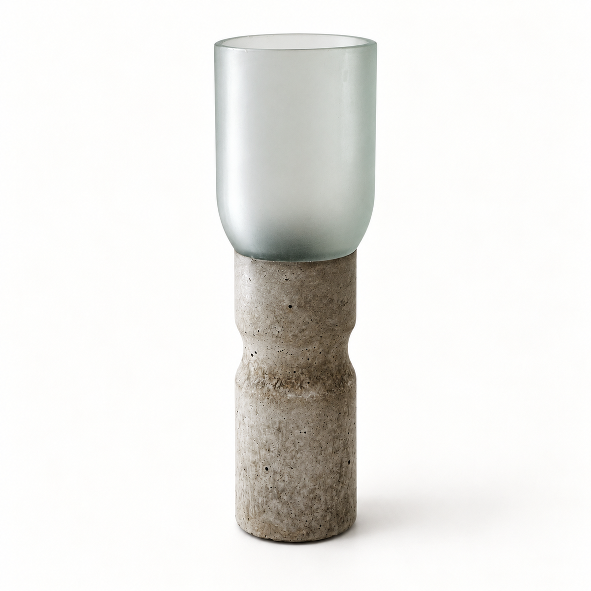 Frosted glass-and-concrete vase with waisted grey concrete base