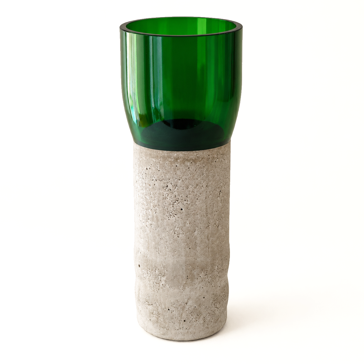 Green glass-and-concrete vase with rounded cylindrical shape against a light background
