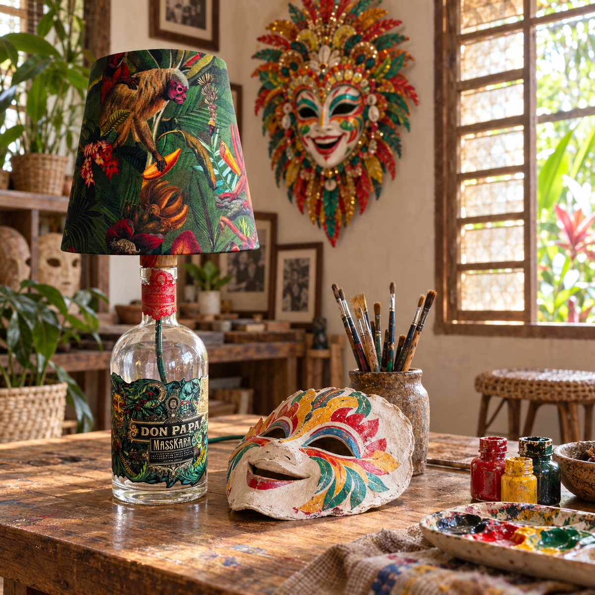 Don Papa Masskara Flaschenlampe ausgeschaltet in einem philippinisch inspirierten Maskenatelier bei Tag