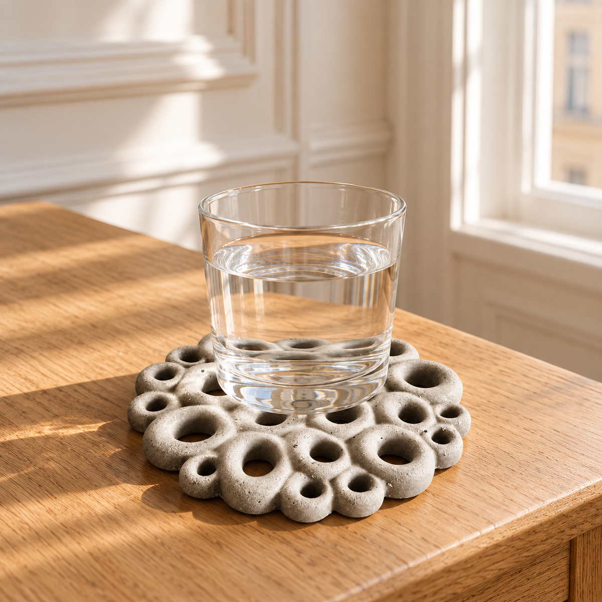 Coral-texture concrete coaster with a water glass in a Viennese period apartment