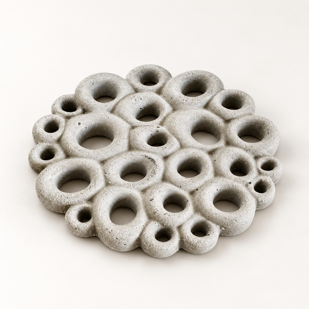 Coral-texture concrete coaster in natural concrete – studio view