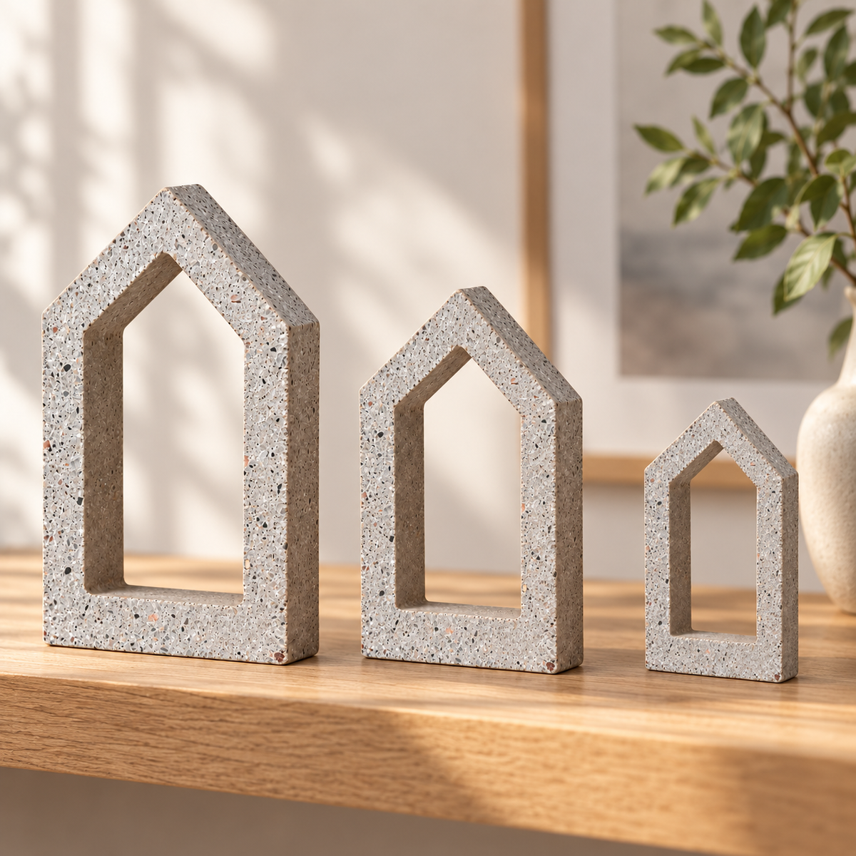 Three concrete houses arranged as casual home decor