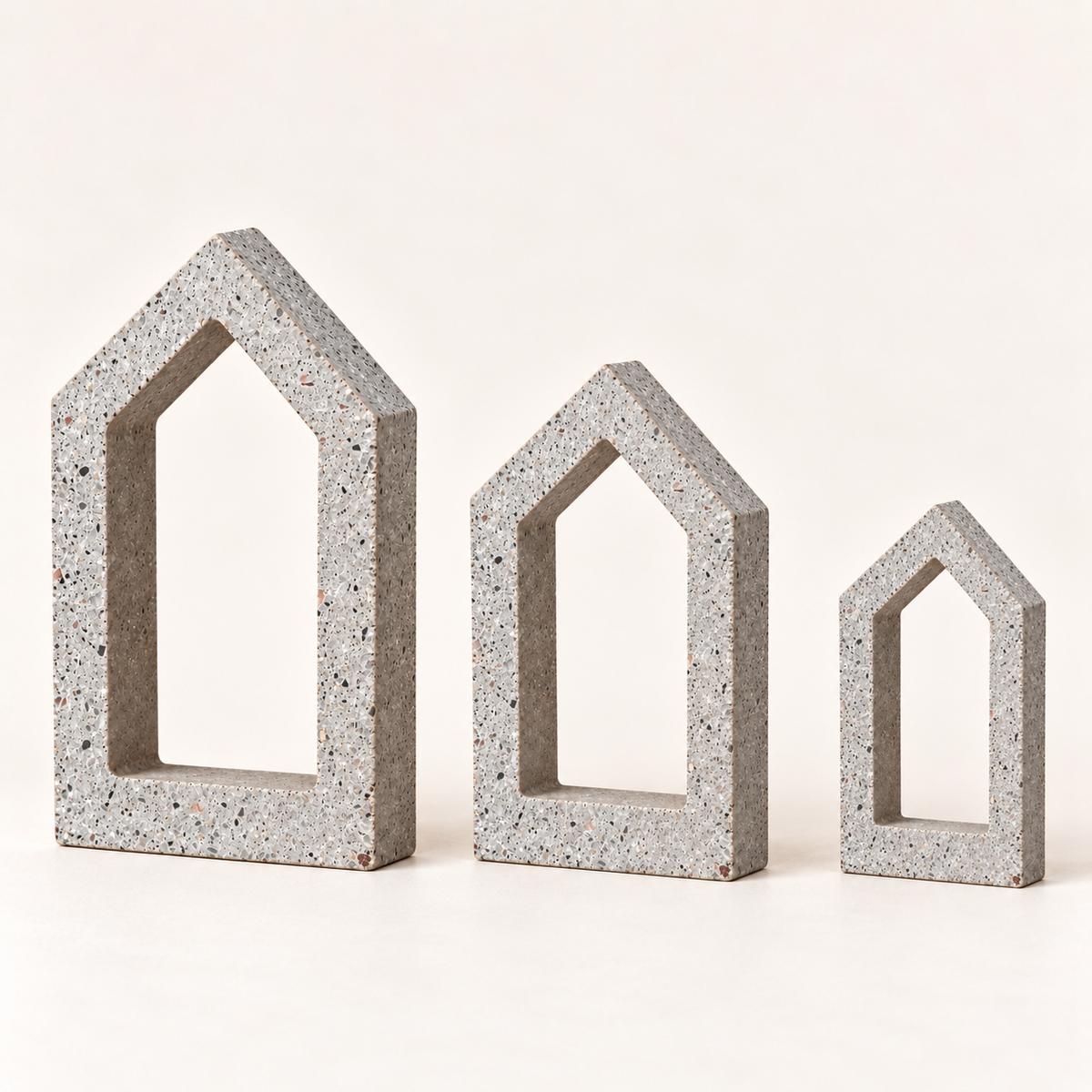 Set of natural concrete houses in 15, 12, and 8 cm heights