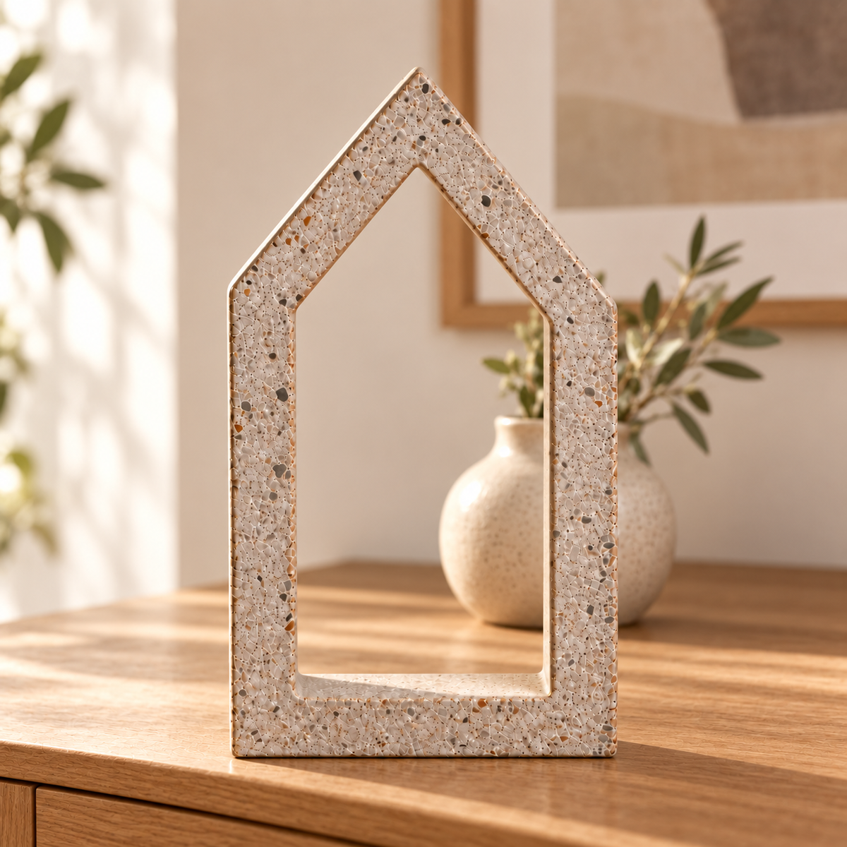 Mittleres Betonhaus auf einer Holzkonsole mit Vase und Bilderrahmen