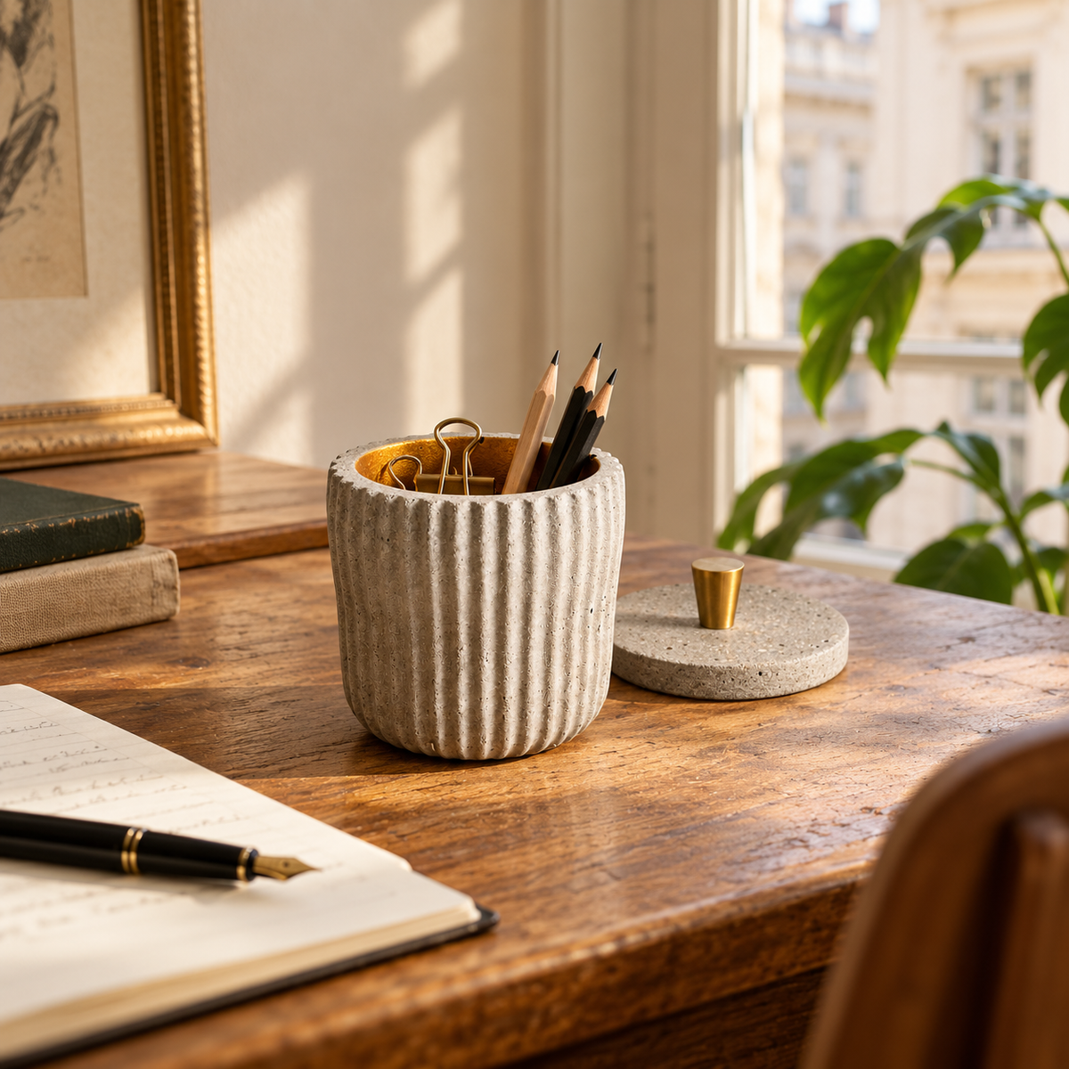 Gerilltes Betontöpfchen mit goldfarbener Innenseite im Wiener Homeoffice