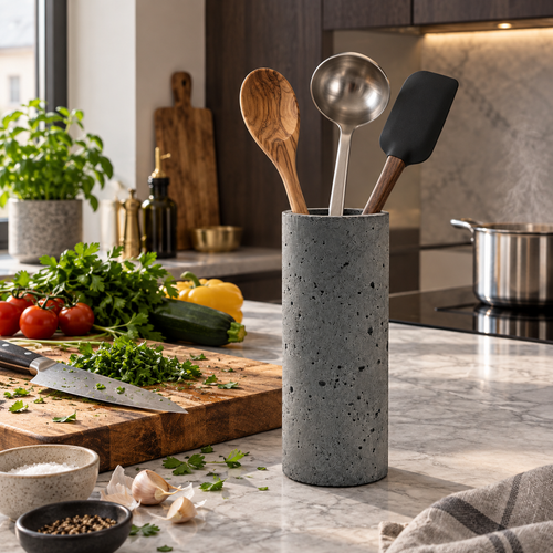 Anthrazitfarbene Betonvase als Kochutensilienhalter in einer Küche beim Kochen
