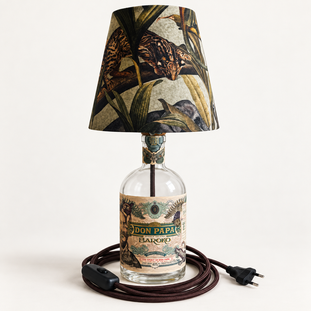 Don Papa Baroko Flaschenlampe Größe S mit Tier- und Pflanzenmotiv auf dem Stoffschirm
