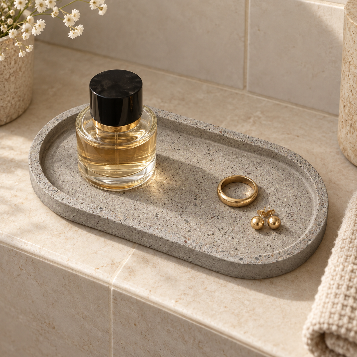 Elongated oval concrete coaster – natural concrete – shown in use