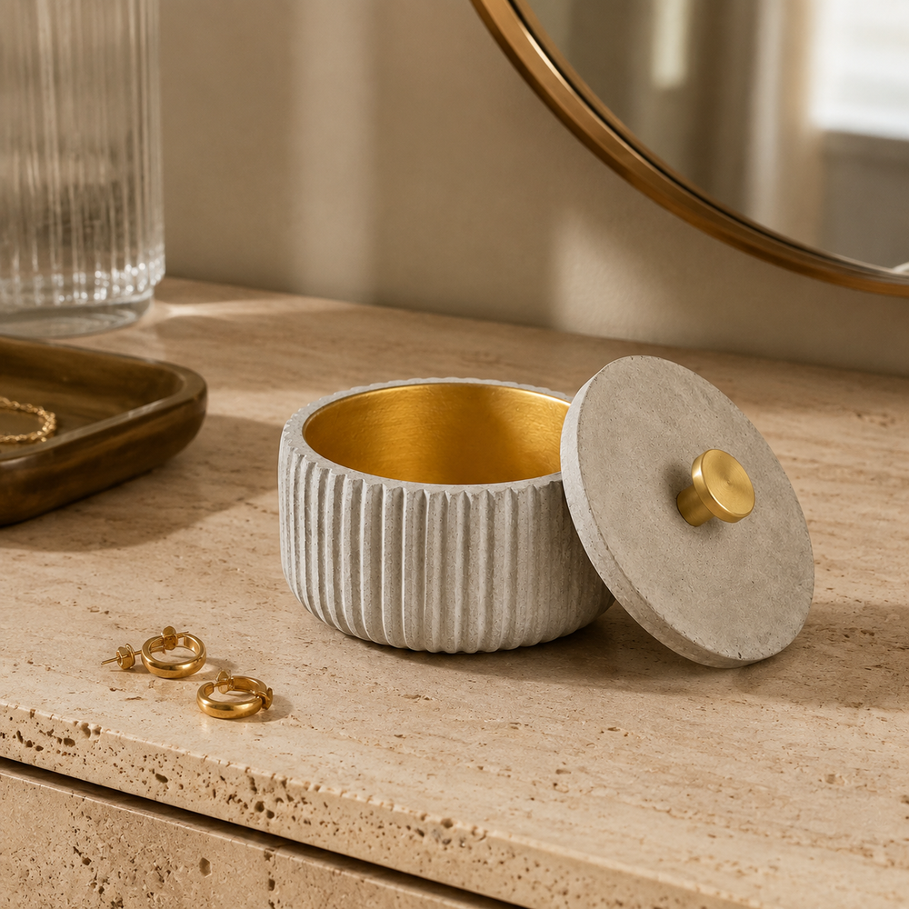 Concrete objects – fluted concrete canister with lid, gold-tone interior 003