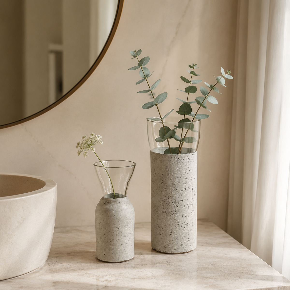 Designer vases and home accessories made from glass and concrete