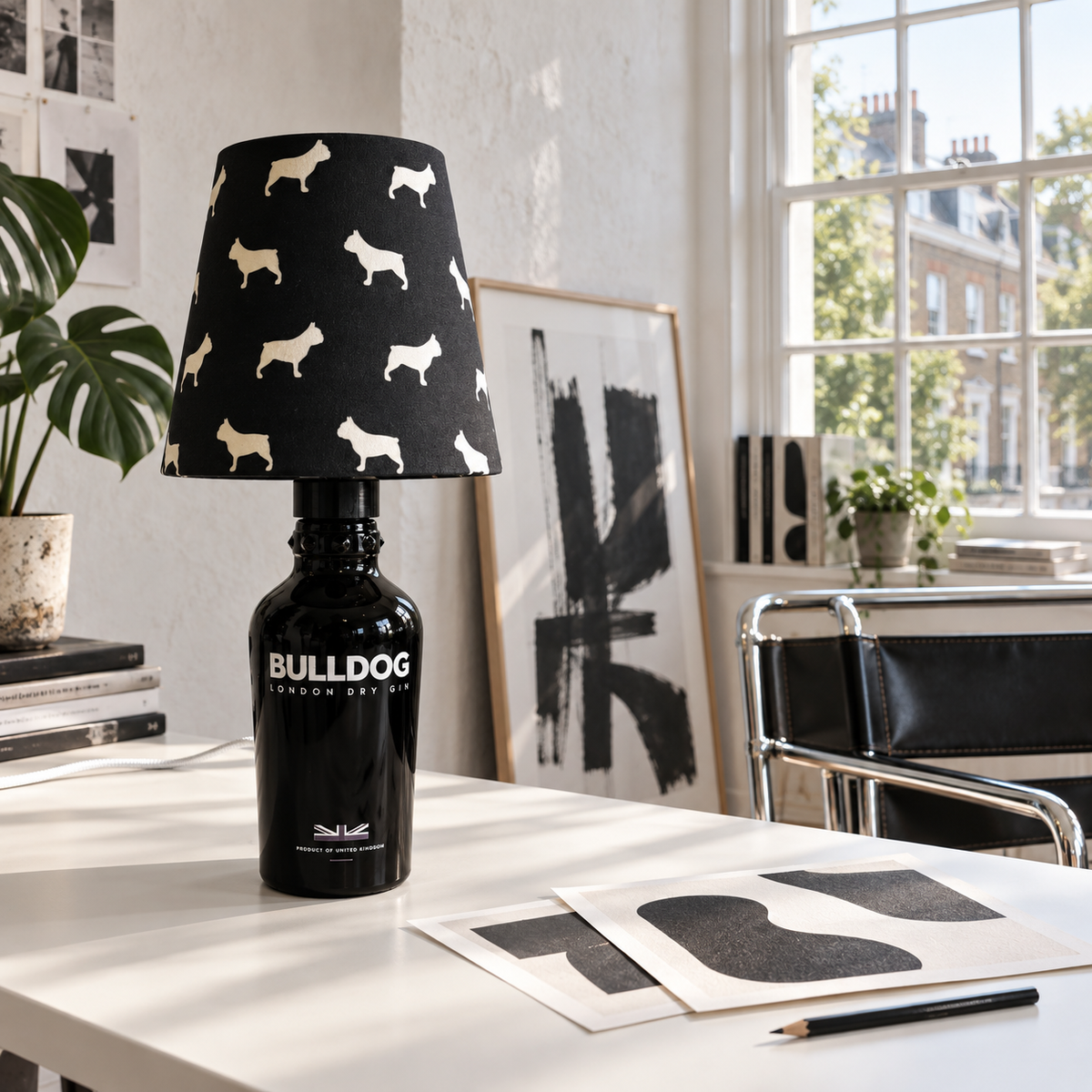 Bulldog bottle lamp switched off in a London graphic design studio by day