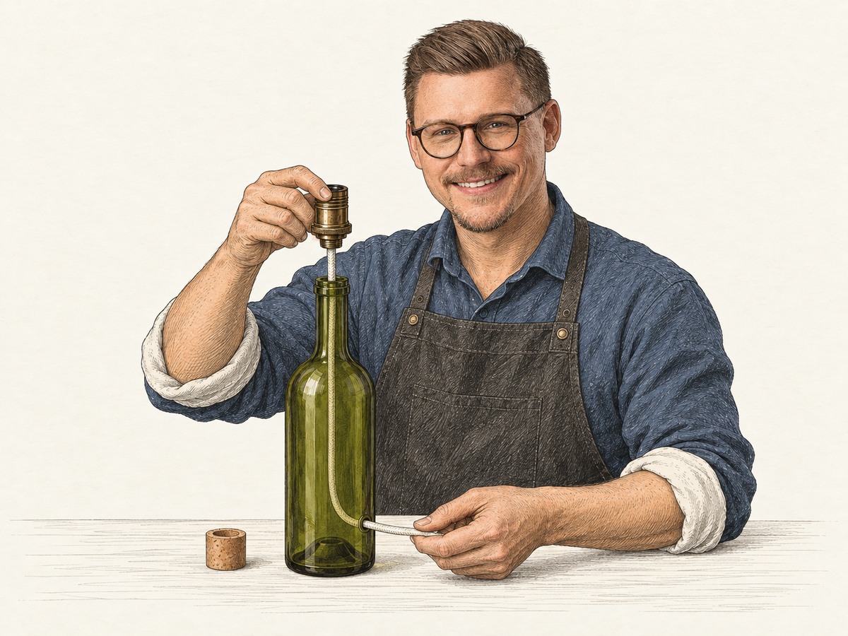 Daniel beim Einfädeln von Textilkabel und Fassung in eine Flasche – Illustration im Stil um 1900
