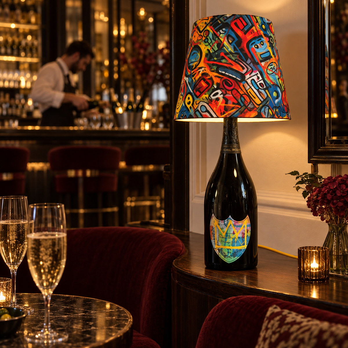 A bottle lamp adding character to a restaurant or bar