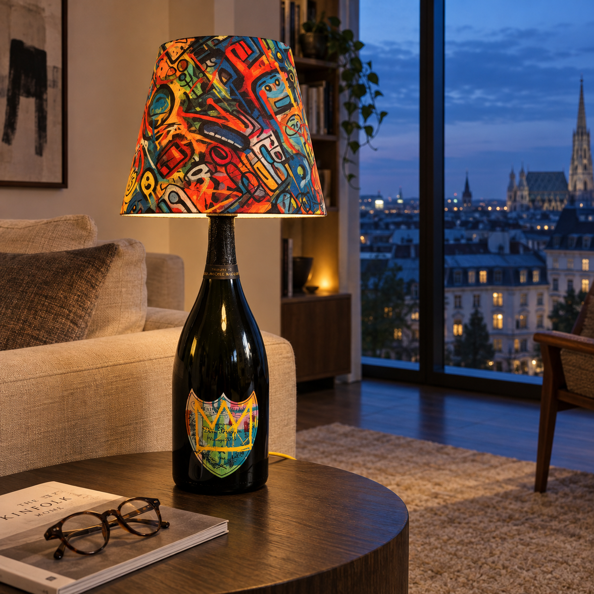 Yellow Basquiat bottle lamp switched on in a penthouse at blue hour.