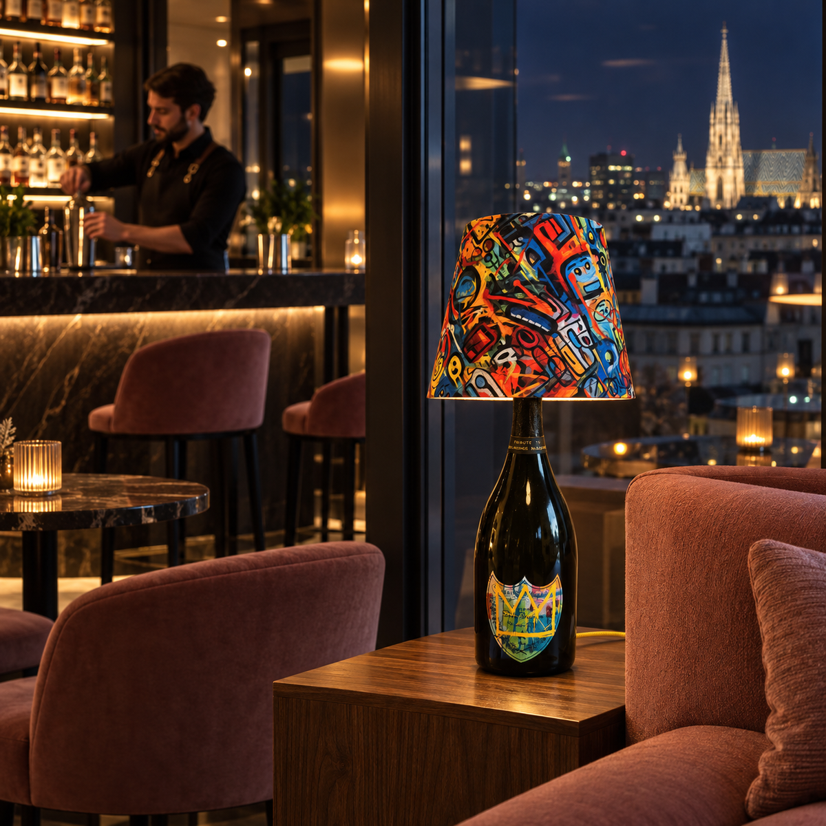 Yellow Basquiat bottle lamp in a rooftop bar at night, with staff in the background.