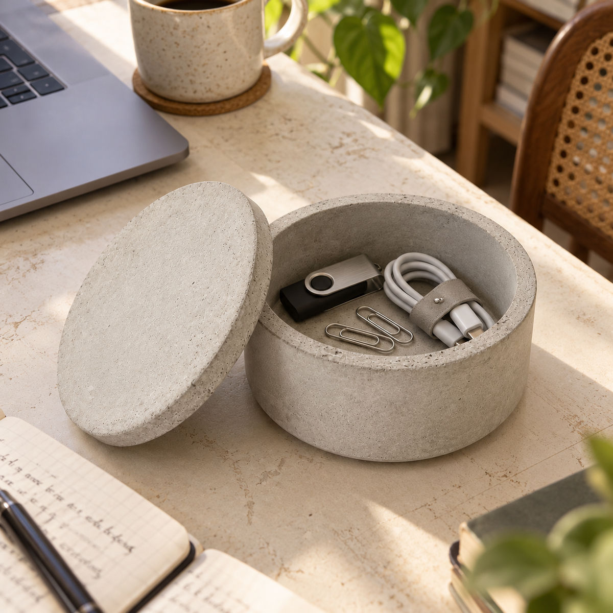 Glatte Betondose in Naturgrau mit USB-Stick, Kabel und Büroklammern am Schreibtisch