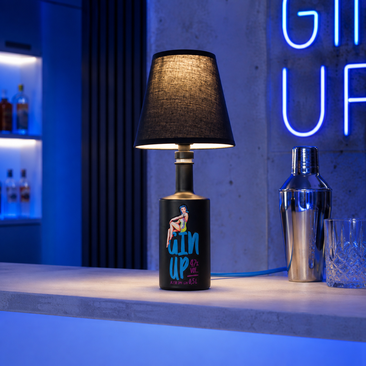 Flaschenlampen – Flaschenlampe Gin Up Blue 002