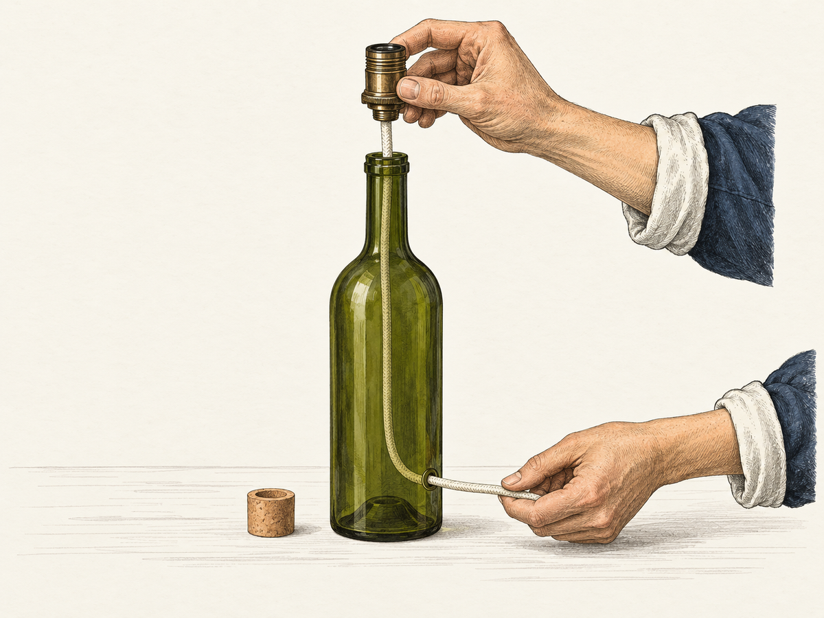 Textilkabel und Fassung werden in eine Flasche für eine Designeria-Flaschenlampe eingefädelt