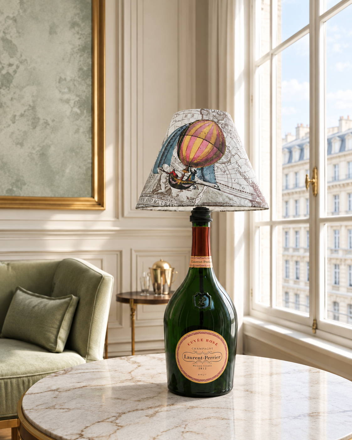 Laurent-Perrier bottle lamp with balloon shade in daylight in a Viennese period apartment