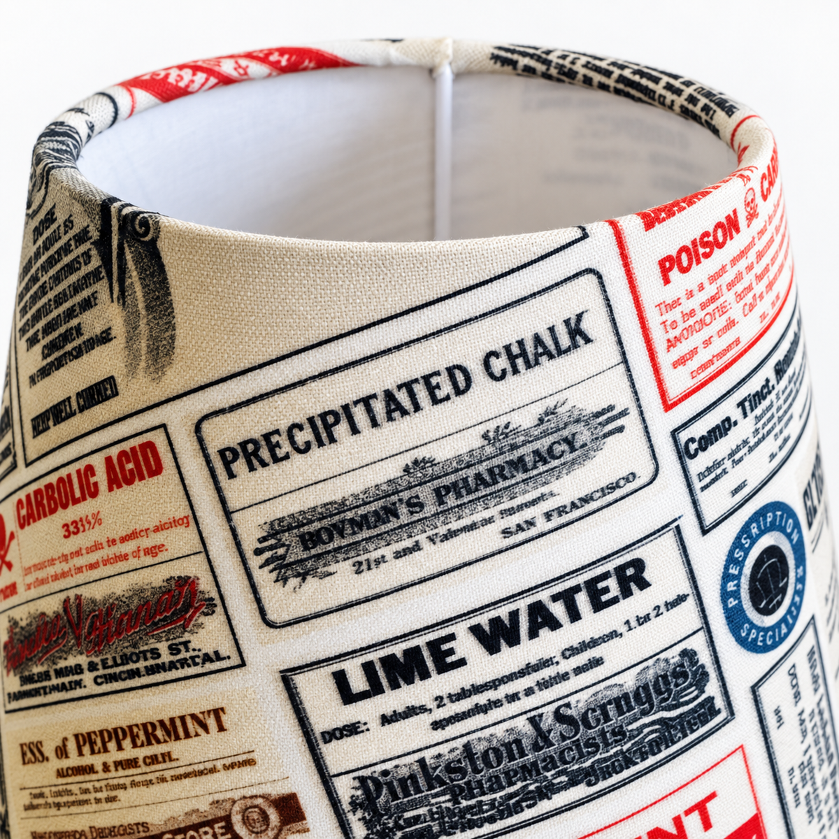 Small lampshade – apothecary labels – close-up of fabric print, cotton texture, and edge finish
