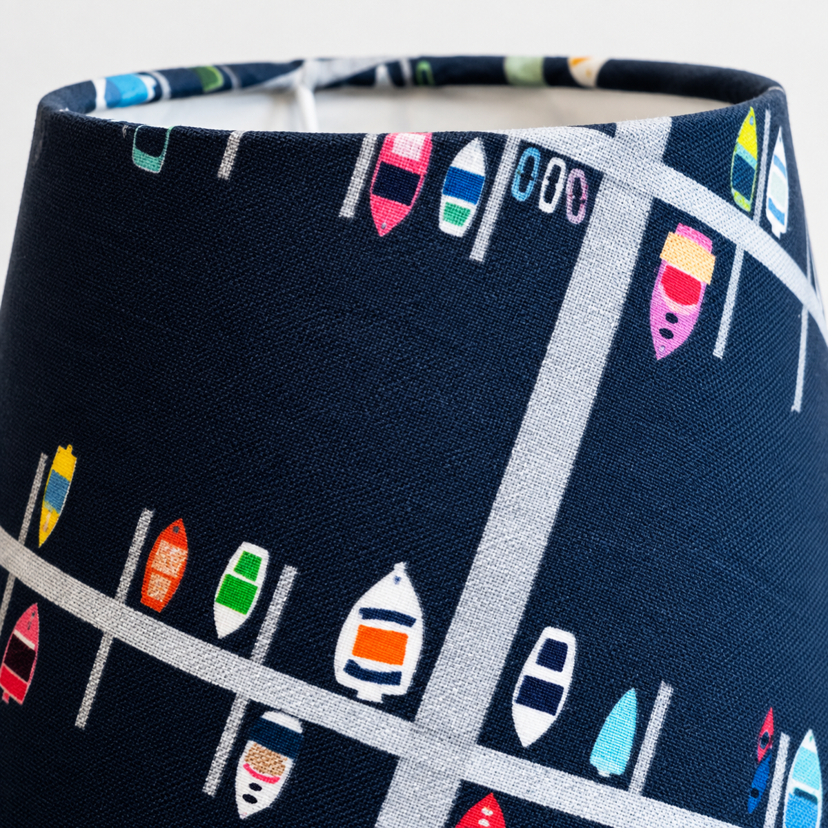Small lampshade – Boat Harbor – close-up of fabric print, cotton texture, and edge finish