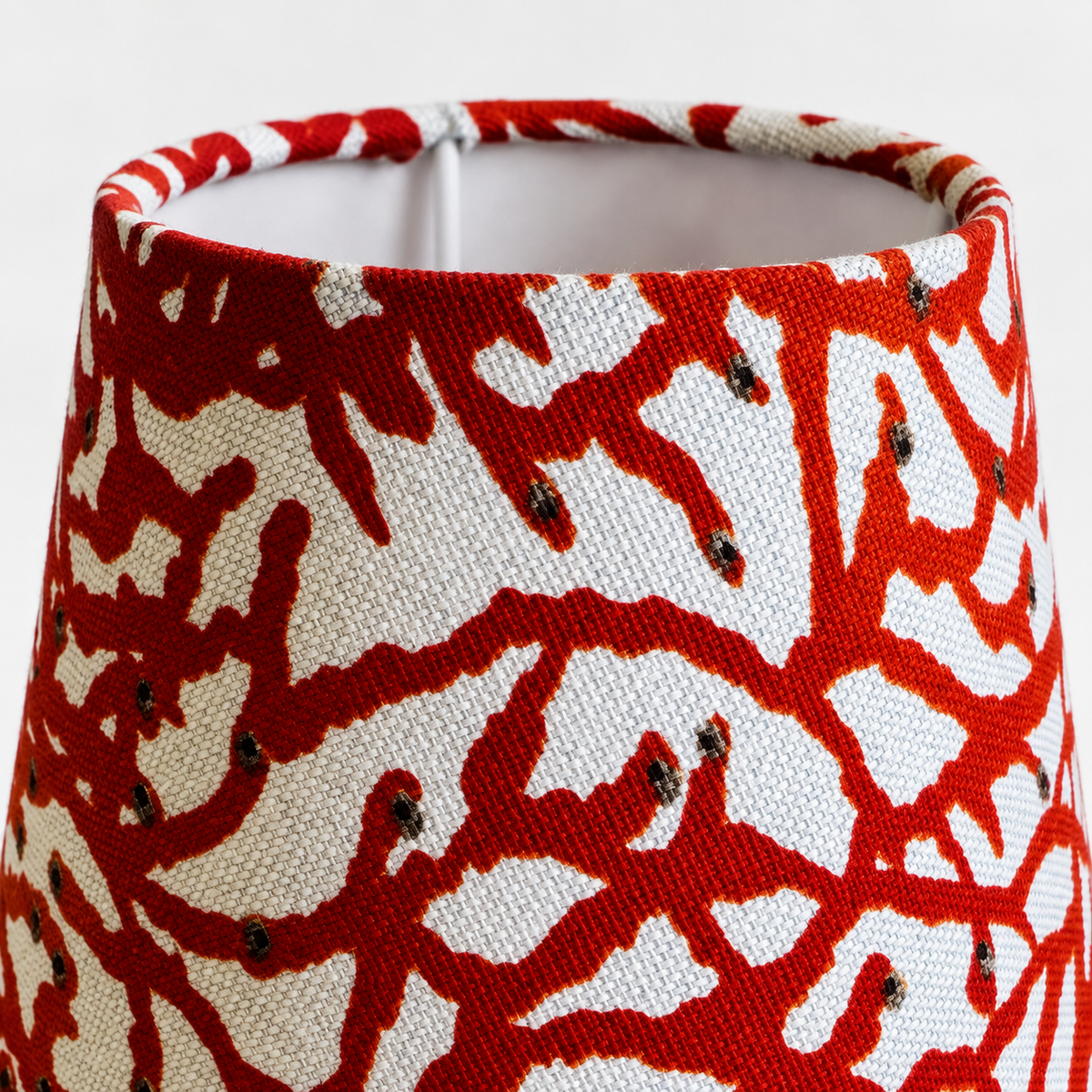 Small lampshade – coral red – close-up of fabric print, cotton texture, and edge finish