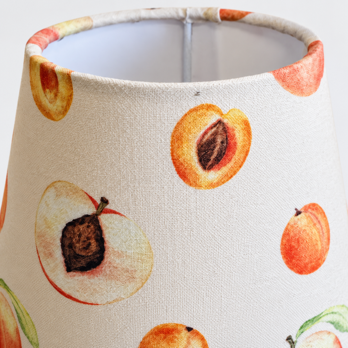 Small lampshade – peach garden – close-up of fabric print, cotton texture, and edge finish