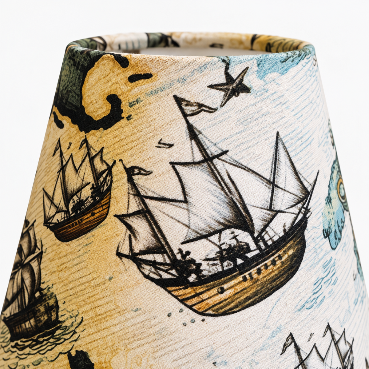 Small lampshade – Sailing Ships – close-up of fabric print, cotton texture, and edge finish