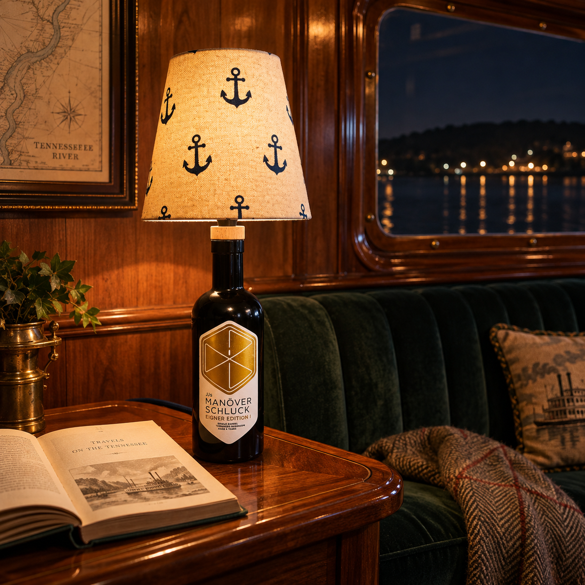 Manöverschluck Eigner Edition I Flaschenlampe eingeschaltet in einem historischen Flussschiffsalon bei Nacht