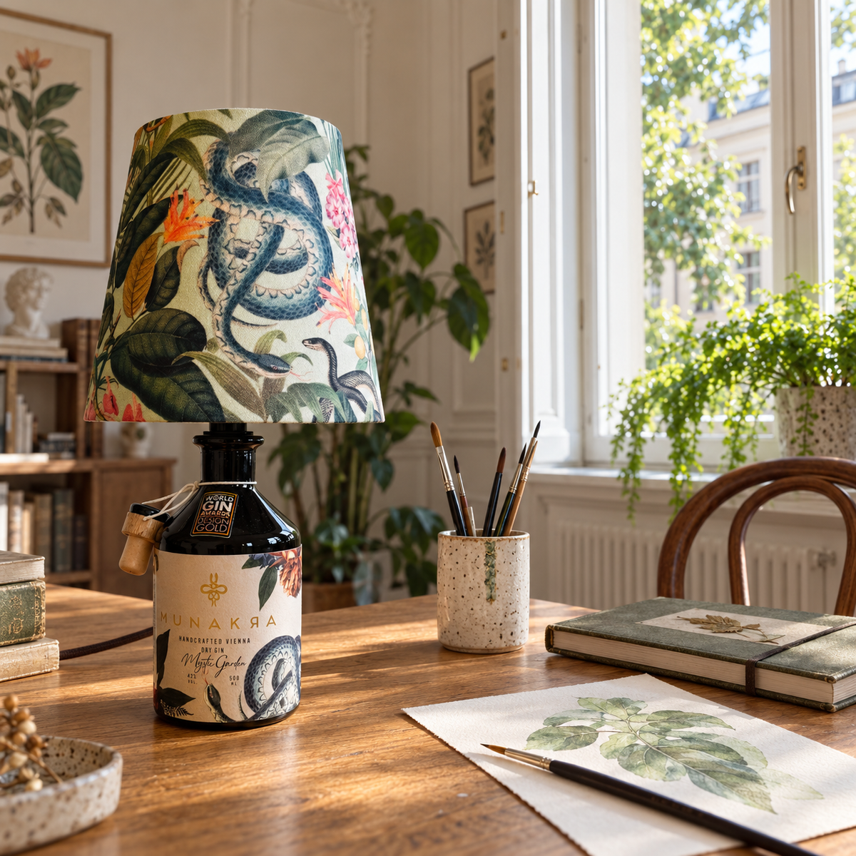 Munakra Mystic Garden bottle lamp switched off in a Viennese botanical artist’s studio by day