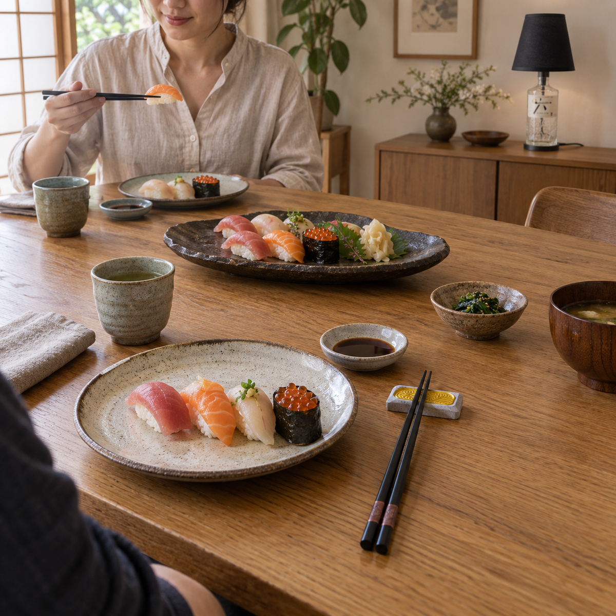 Sushi zu zweit bei Tageslicht: Stäbchenbank rechts am vorderen Gedeck, eine Person isst mit eigenen Stäbchen, Roku-Lampe auf dem Sideboard.