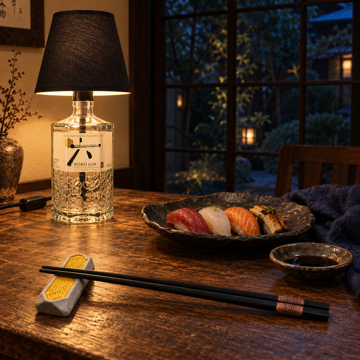 Stäbchenbank im japanischen Tischarrangement mit leuchtender Roku-Flaschenlampe und schwarzem Schirm